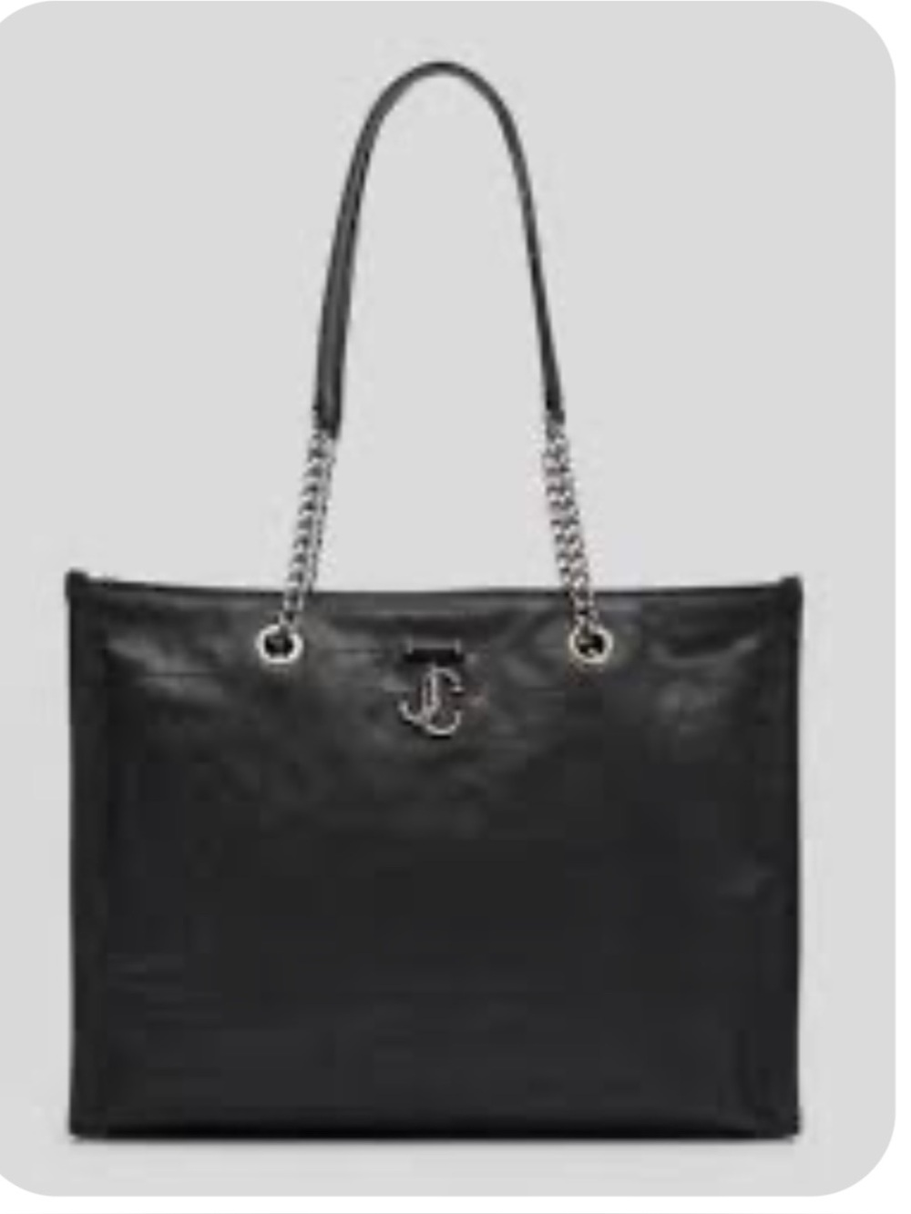 Jimmy Choo Black Tote Bag with Silver Chain Handles and iconic logo